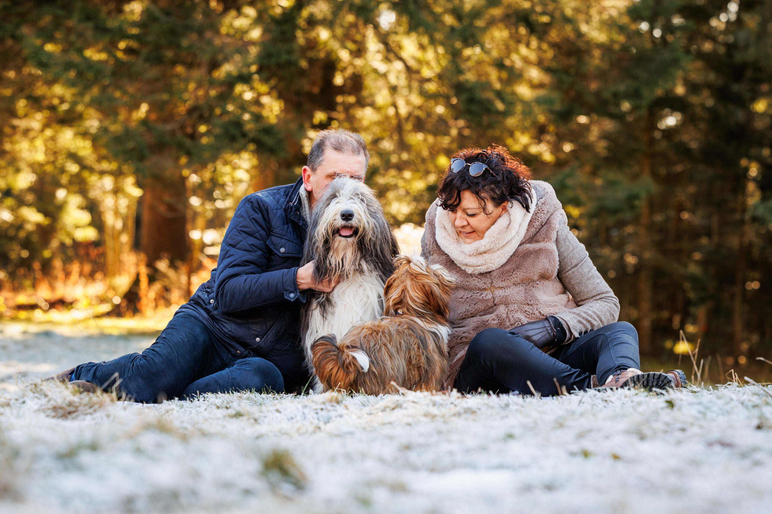 photographie de famille avec un couple et leurs deux chiens en hiver en suisse