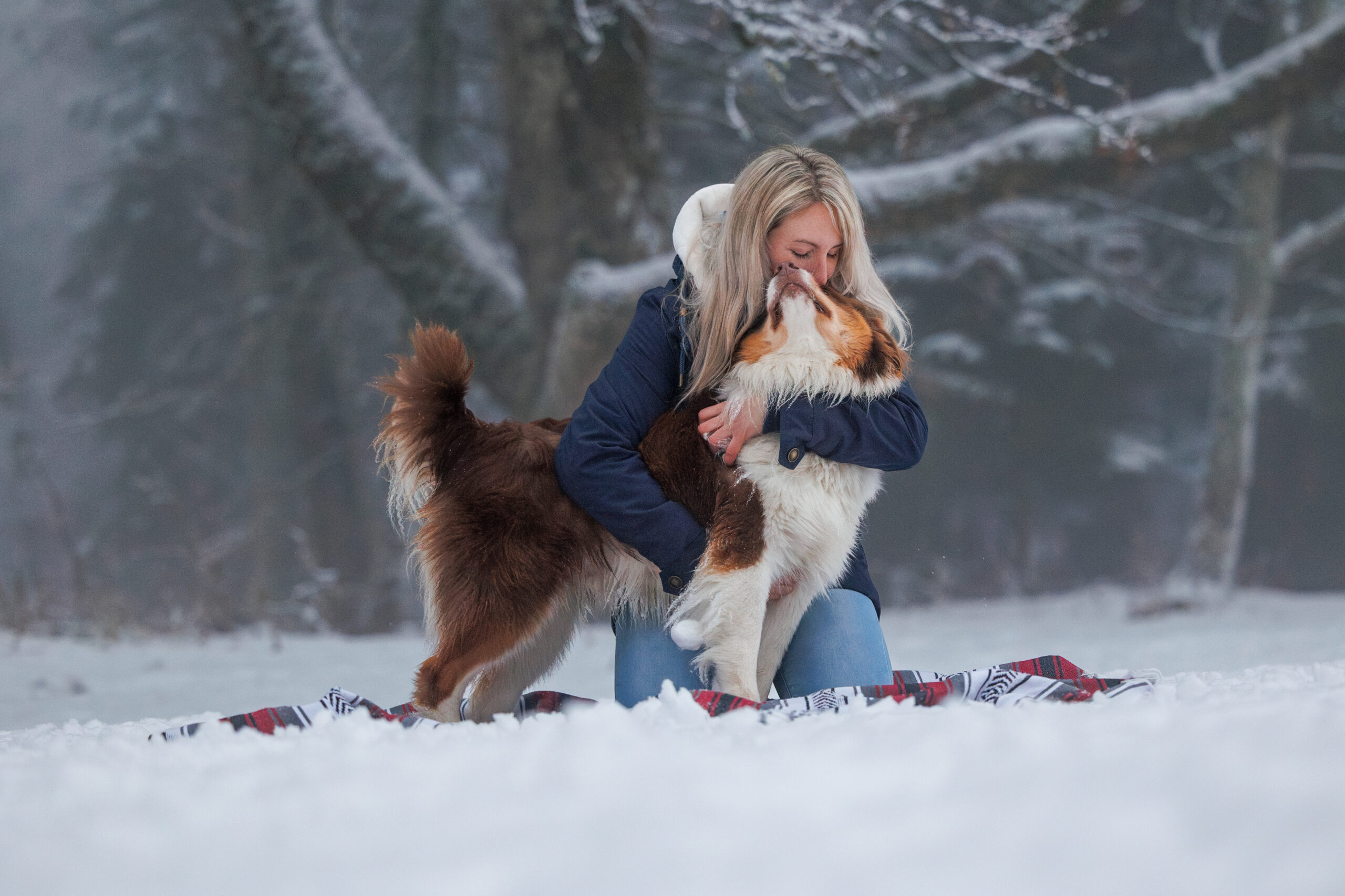 Moment câlin entre un chien et sa maitresse dans un paysage enneigé en suisse.